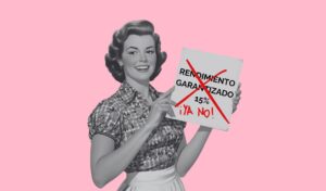 Mujer sonriente estilo retro sostiene un cartel con la frase “Rendimiento garantizado 15%” tachada. Imagen que representa cómo los neobancos bajaron sus tasas en 2025.