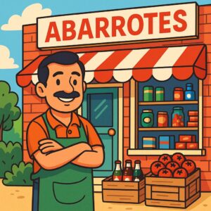 Ilustración colorida estilo caricatura de Pedro, dueño de una tiendita de abarrotes en México, de pie frente a su local “Abarrotes Pedro”. Representa cómo operan los neobancos y SOFIPOs al prestar dinero y prometer rendimientos altos.